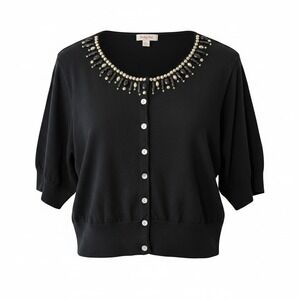 Ruby‎ Rd Woman Black Beaded Scoop Neck Short Sleeve Cardigan Sweater Plus 2X NWT